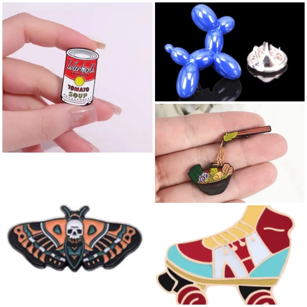Set of 5 Unisex Metal Pins Food Balloon Animal Rollerskate Skull Moth Insect